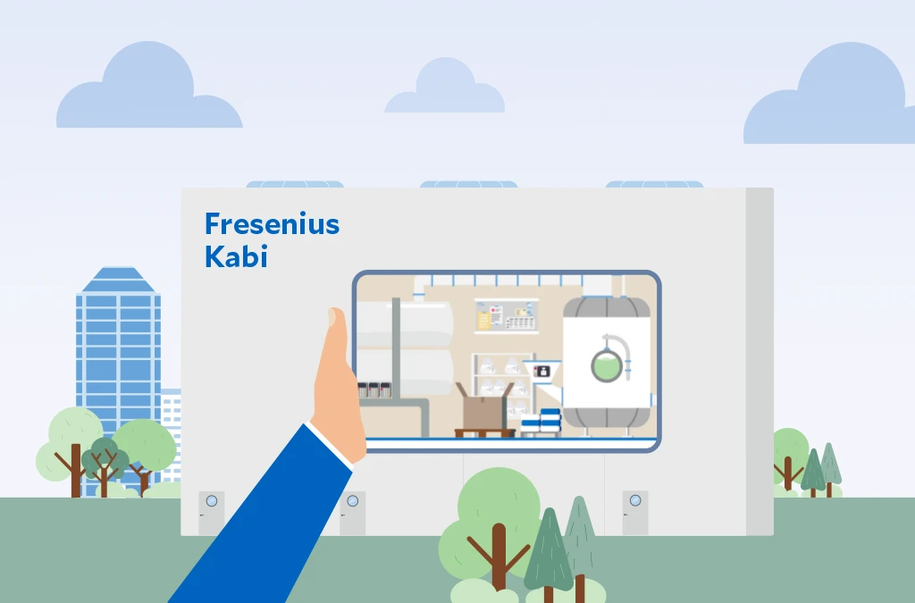 Illustration einer Produktionsstätte, davor eine Hand die ein Tablet hät die das innere der produktion zeigt