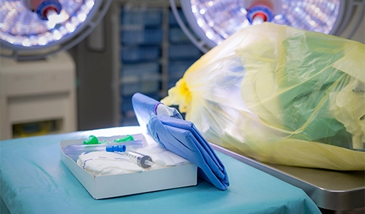 An operating table with medical instruments (Photo)