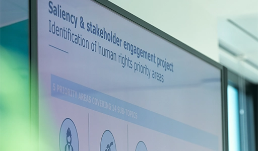 A sign displaying the text “Saliency & stakeholder engagement project – Identification of human rights priority areas” (Photo)
