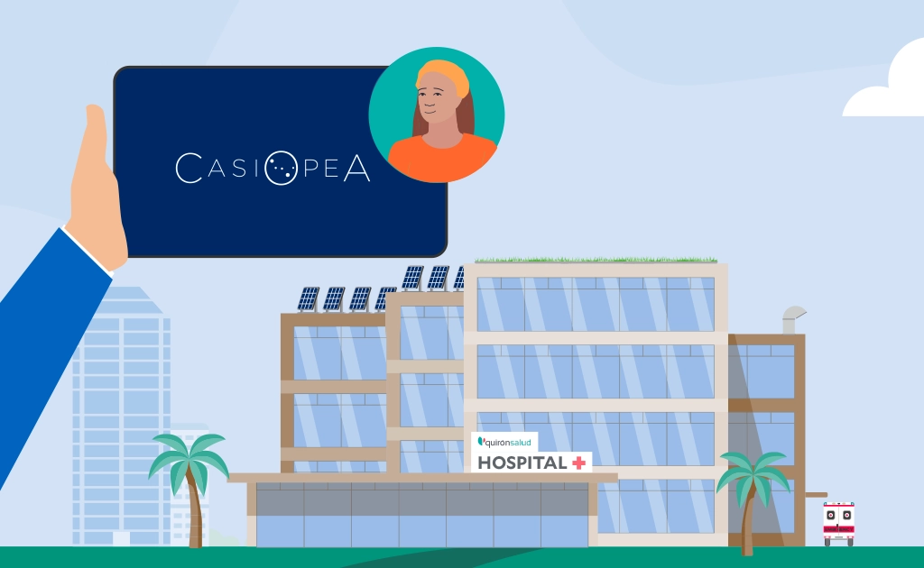 Ilustración con el logotipo «CASIOPEA» y el hospital «quironsalud» al fondo (foto)